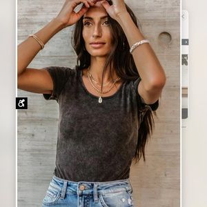 Bohme Nash Ribbed Bodysuit Thong Short Sleeve Scoop Neck Brown Charcoal Gray XL